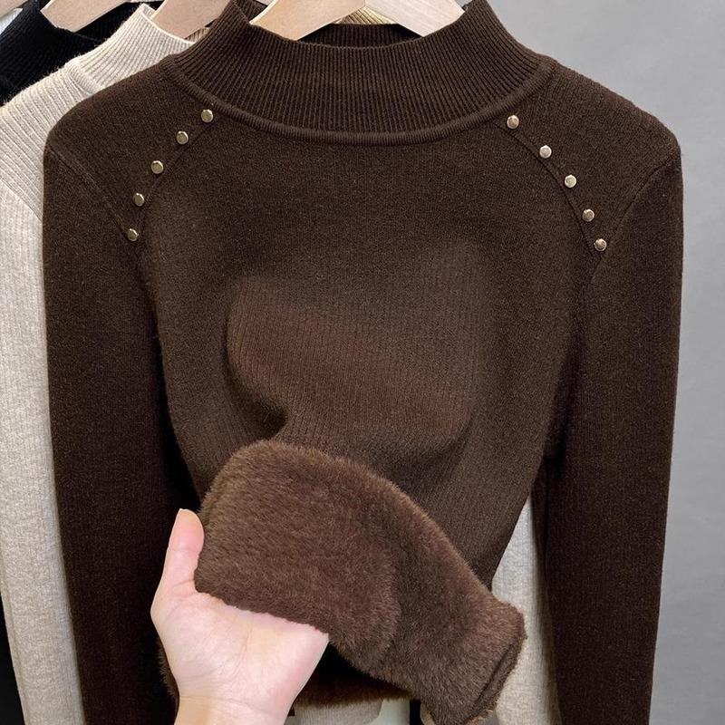 Autumn and Winter Warm Fleece Thickened Integrated Fleece Sweater Women's Bottoming Shirt New Semi-turtleneck with Knitted Top