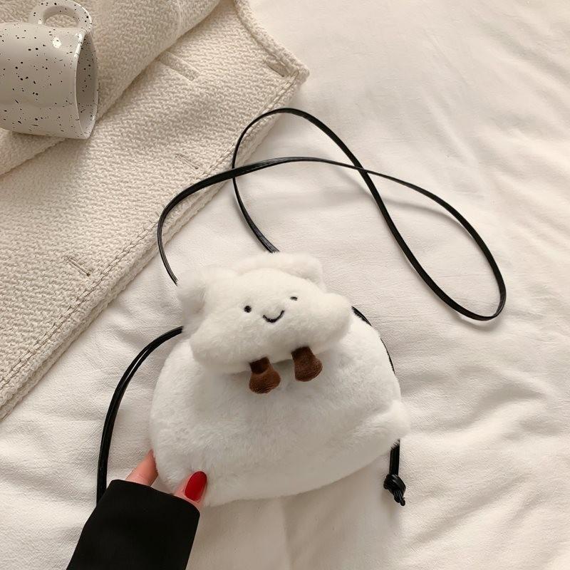 Adorable Plush Bucket Bag For Women Stylish Soft Pu Crossbody Purse In Black White Pink Khaki