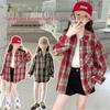 Girls' Plaid Long-Sleeve Shirt Jacket for Autumn 2025 - Fashionable Spring Top for Big Kids