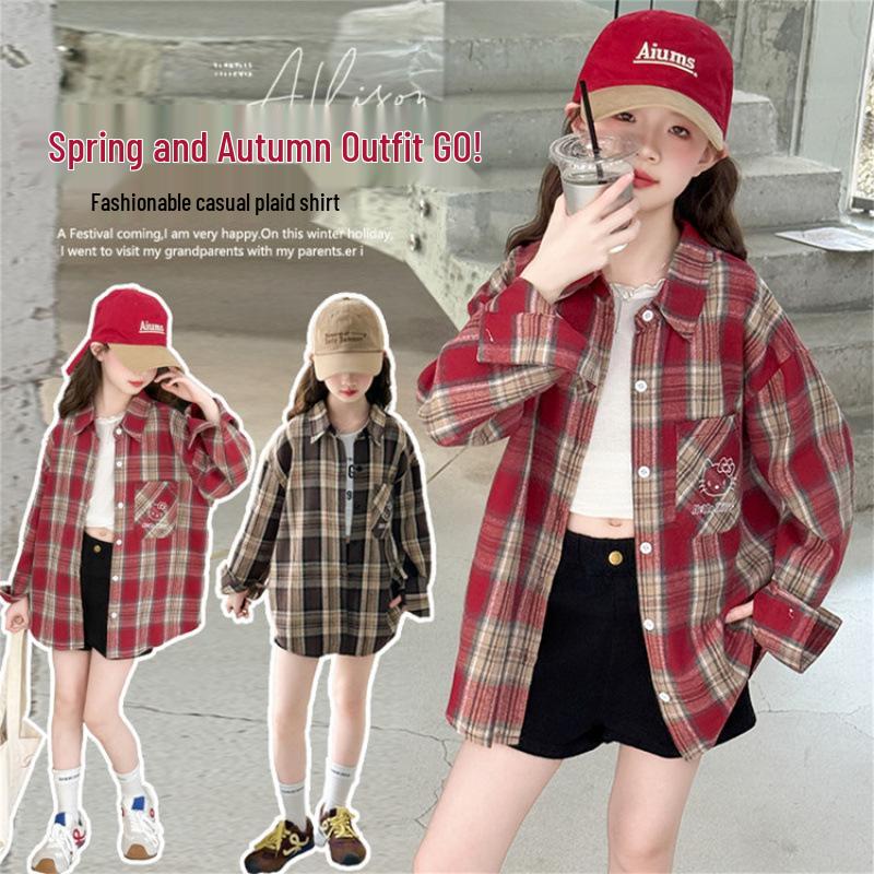 Girls' Plaid Long-Sleeve Shirt Jacket for Autumn 2025 - Fashionable Spring Top for Big Kids