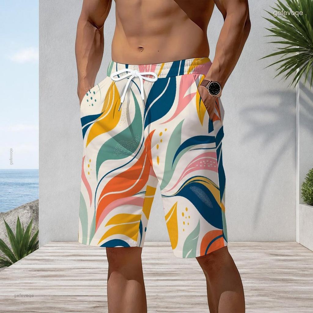 Men s Plus Size Multicolor Printed Beach Shorts Drawstring Waist Side Pockets Straight Leg