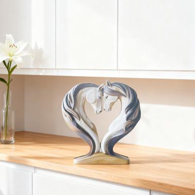 Yousheng Wooden Horse Ornament Handcrafted Farmhouse Rustic Love Heart Double Horse Figurine Statue Sculpture Home Office Desktop Decoration Ornament