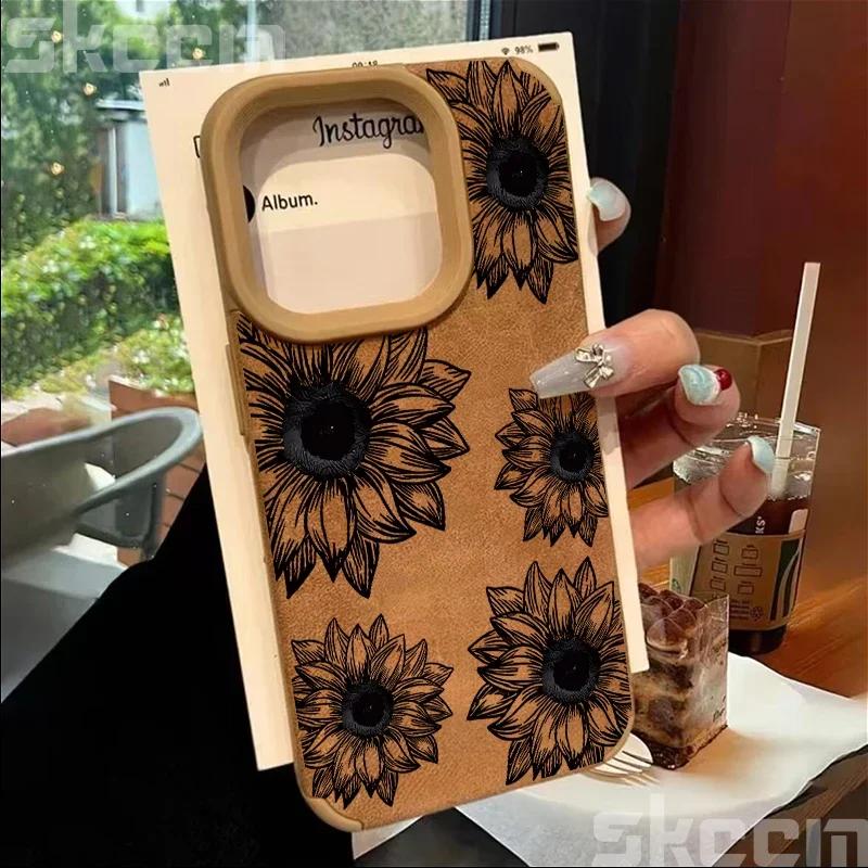 Line Flower Sunflower Bonded Leather Phone Case For iPhone 16 15 14 13 12 11 Pro XS Max XR X 15 Plus 16 Pro Max Matte Back Cover