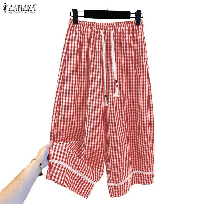 ZANZEA Women Casual Elastic Waist Loose Plaid Print Pants