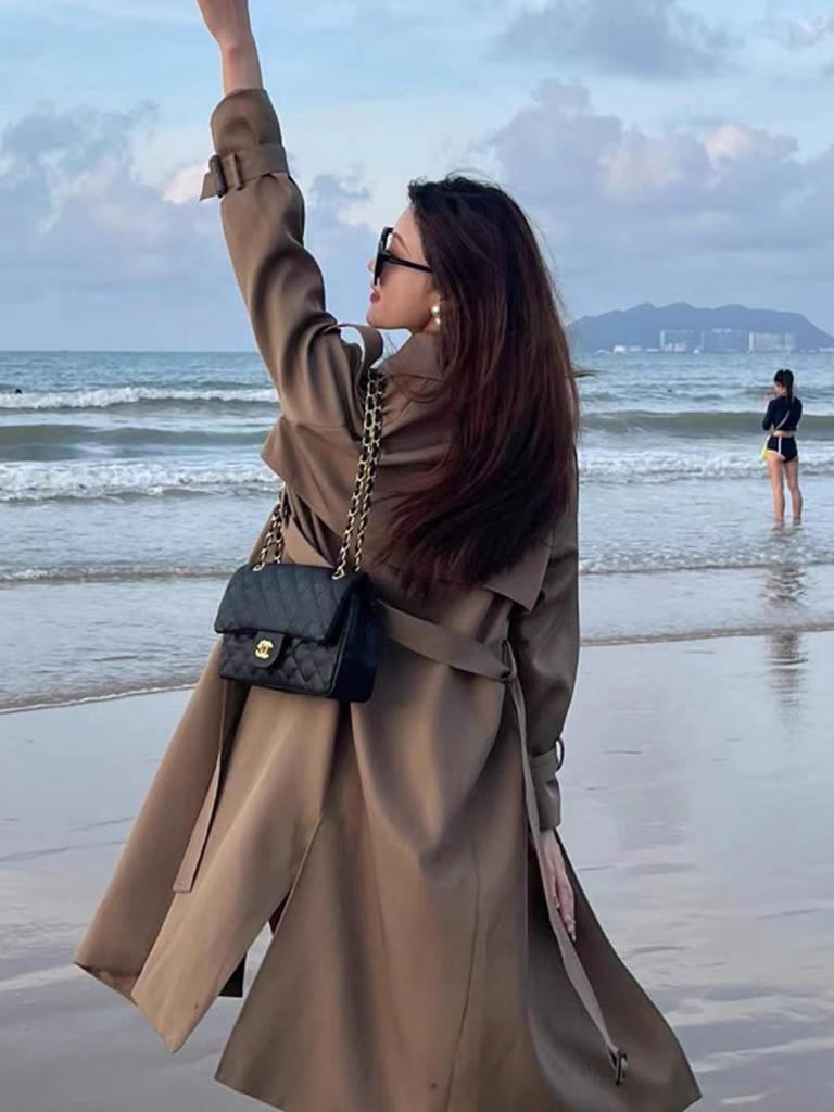 2025 Women's Mid-Length Trench Coat - Petite Fit, Korean & British Style for Autumn/Winter