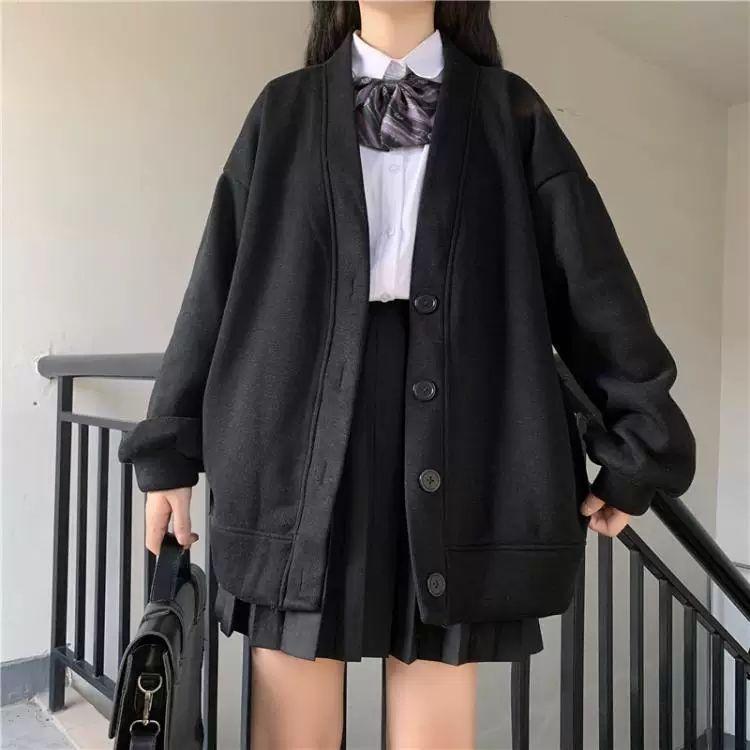 Japanese Fashion College Loose V-neck Cardigan New Sweater Female Outer Wear Sweater Coat Japanese School Uniform