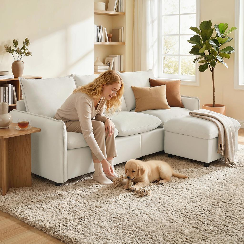 3-Seater Modular Corner Sofa In Breathable Leather-Effect Fabric with Footstool Storage, Cushions, Cream