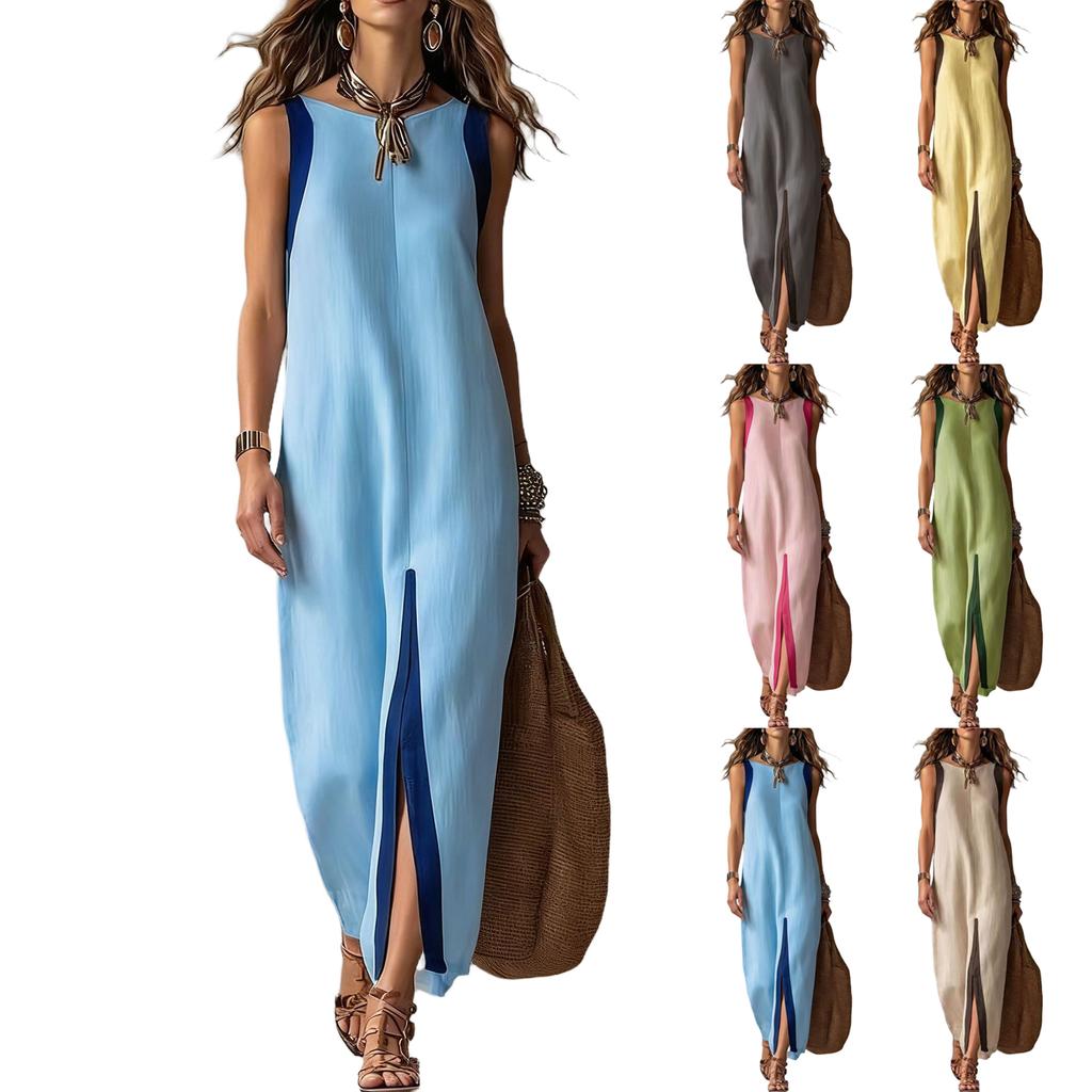 Vestido Casual Suelto de Manga Corta con Cuello Redondo, Dobladillo Dividido y Bloques de Color para Uso Diario, Oficina, Salidas de Vacaciones, Playa