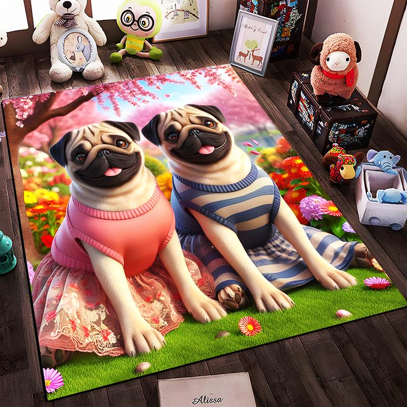 Cute Pugs in Colorful Dresses on Flower Lawn Printed Carpet Suitable for use as an anti-slip for living room bedroom sofas