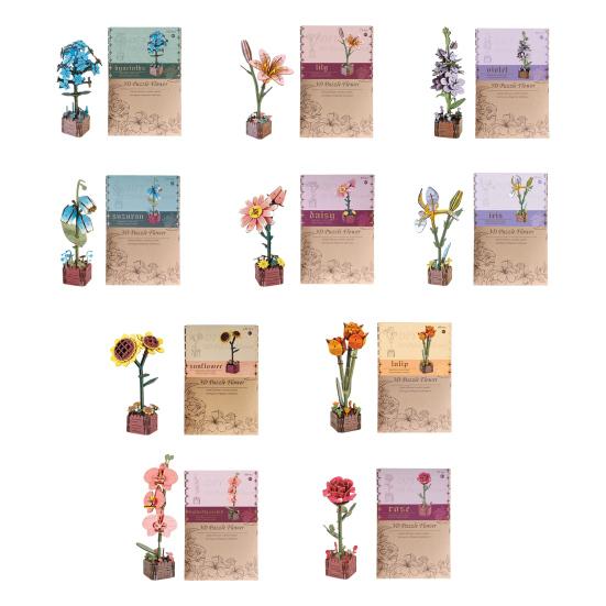 3D Wooden Flower Puzzle Kit for Adults DIY Botanical Bouquet Building Set Wood Sunflower/Rose Floral Craft Kit for Stress Relief Housewarming Gifts