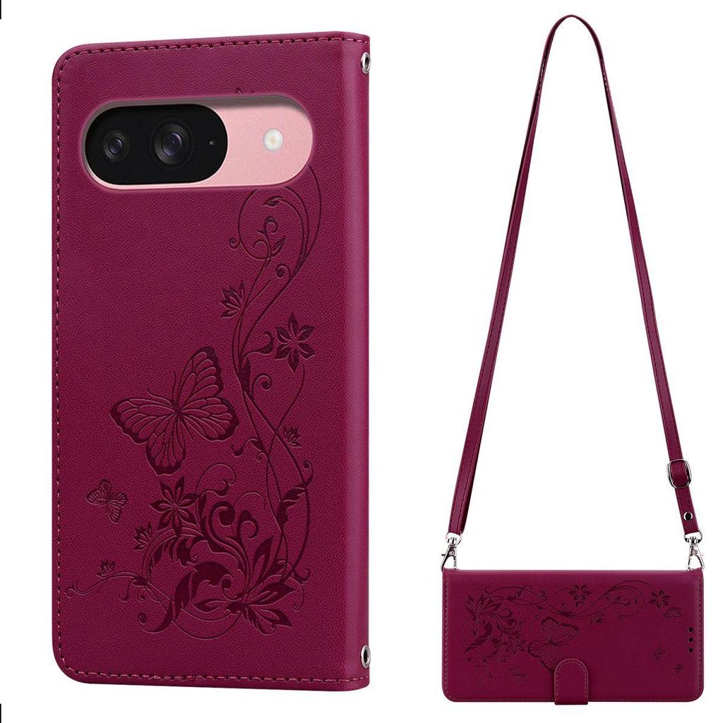 Elegant Butterfly Floral Flip Leather Phone Case for Google Pixel 9 Long Shoulder Strap Wrist Lanyard Cover