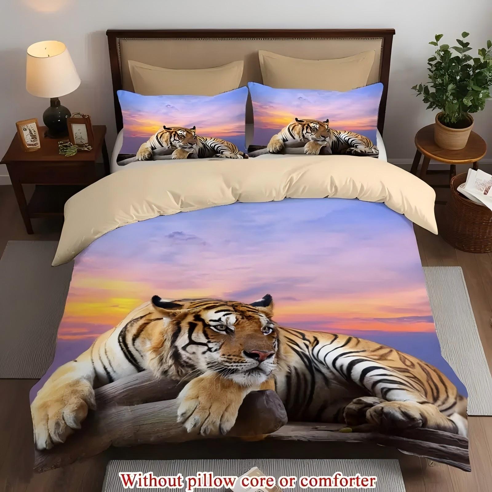 

Пододеяльник с 3D-принтом с рисунком заката и тигра, мягкий и удобный полиэстеровый комплект постельного белья на животную тематику для дома, комплект пододеяльника и наволочки 135x200cm 2pcs