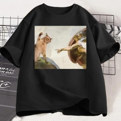 Lustiges Katzen-Gott-Schöpfung Adams Meme T-Shirt Herren Damen Freizeit Kurzarm Jesus T-Shirt Rundhals-T-Shirt Vintage T-Shirts Harajuku