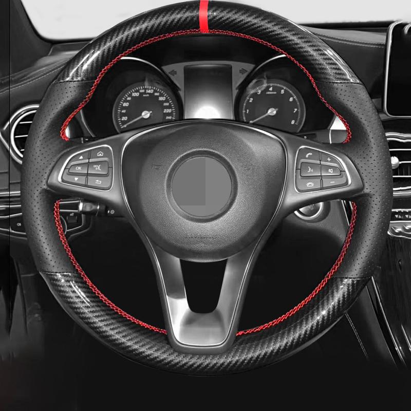 Czarna Skórzana Pokrywa Kierownicy Samochodowej z Włókna Węglowego Do Mercedes-Benz C180 C200 W205 C300 B200