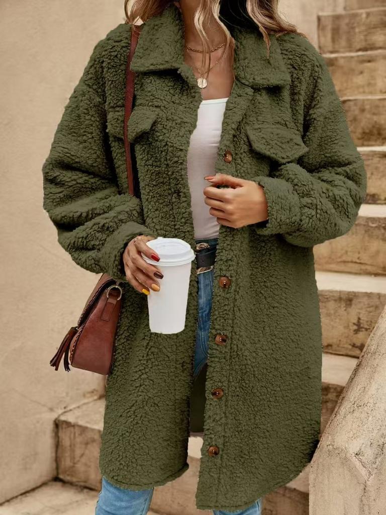 New European and American winter open-button lapel plush jacket loose temperament long coat women