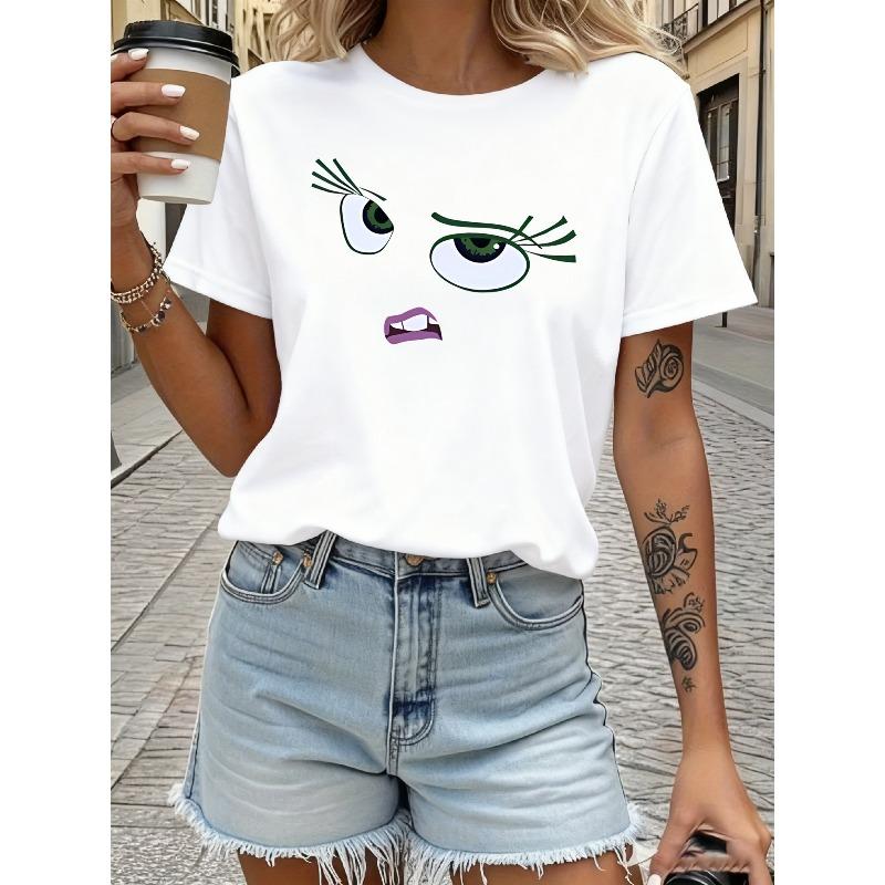Women's Short-Sleeve T-Shirt - Cartoon  Print, Vibrant and Playful Design, Machine Washable, Comfortable Casual Round-Neck Top for Easy Styling.