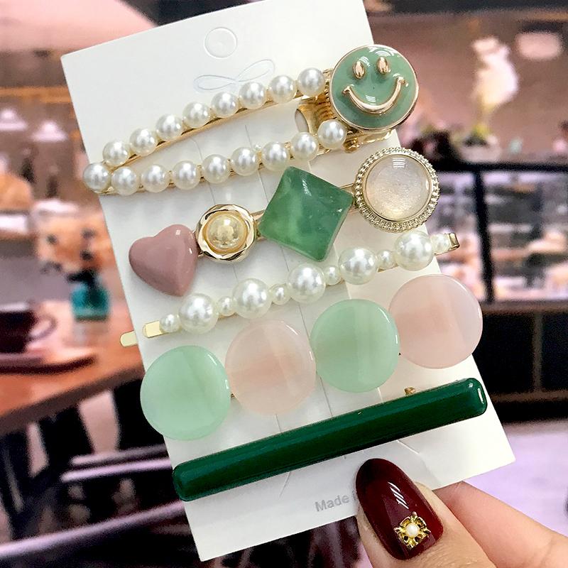 5Pcs/Set Fashion Smiley Pearl Hair Clip For Women Girl Geometric Acetate Barrettes Hairpin Headwear Hair Accessories  Trendy