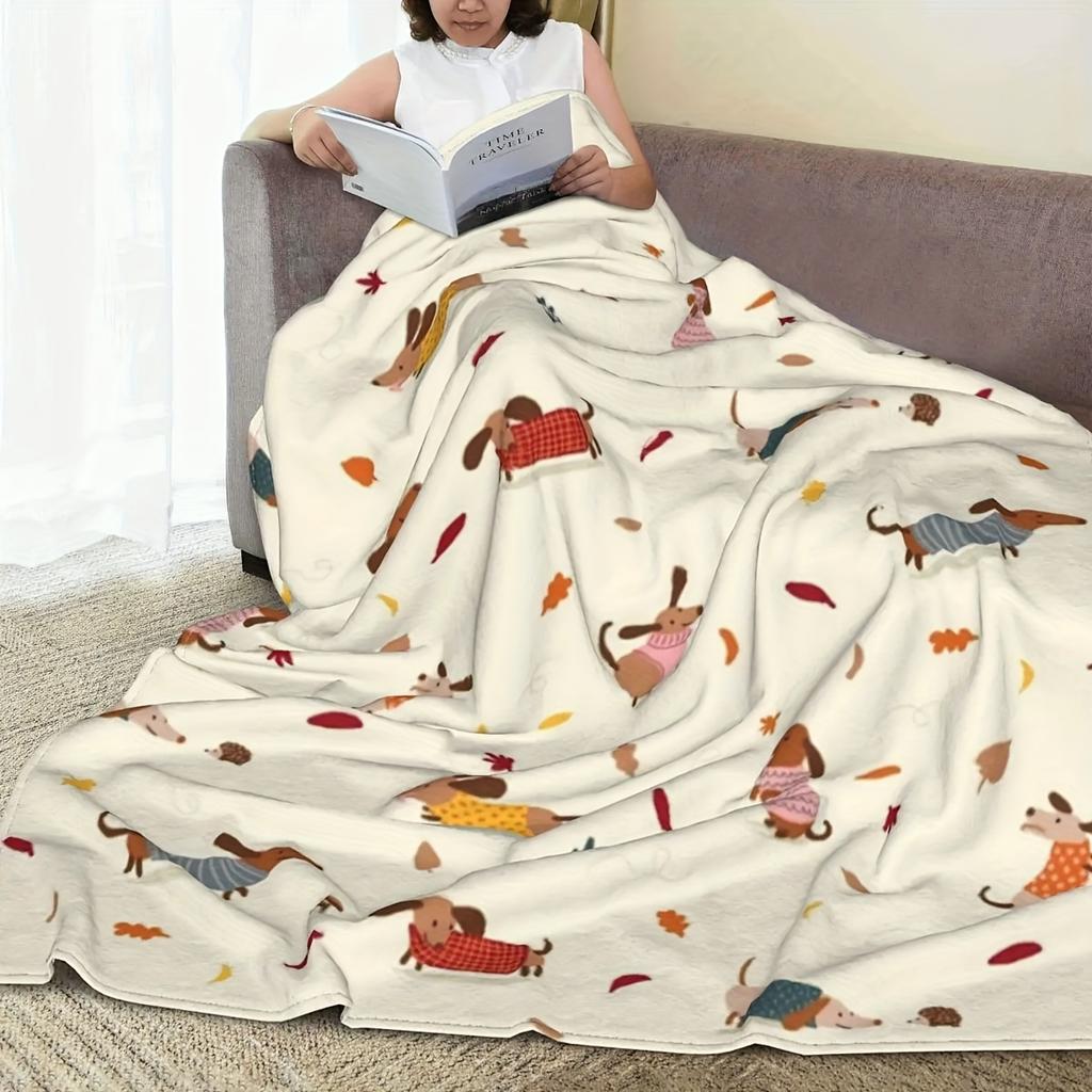 Dachshund Sweater Pattern Flannel Blanket Lovely Printed Portable Extra Soft Suitable For Napping On Bed And Office Resting Cosy