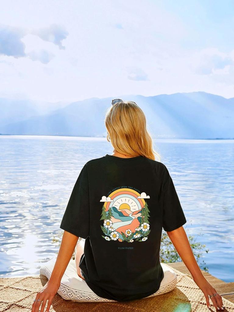 Landschaftsmalerei Harajuku T-Shirts Damen Unisex Sommermode Lebe sanft auf dieser Erde Rückenaufdruck T-Shirts Tops Baumwoll-T-Shirts