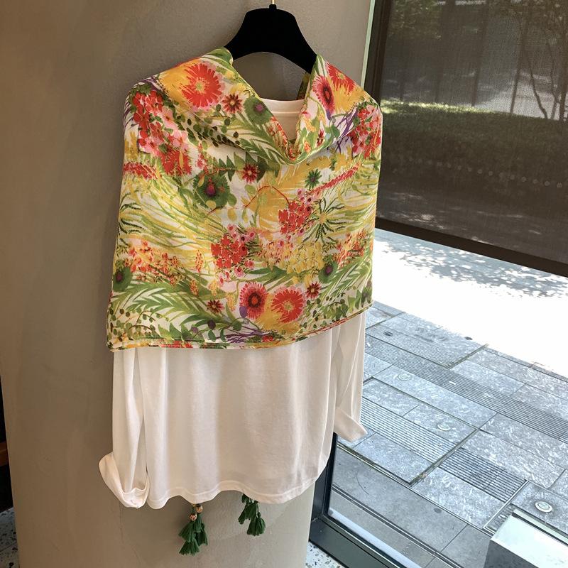Summer Silk Scarf Shawl Sun Protection Dual-Purpose Yarn Scarf Scarf Spring And Autumn Ethnic Style Versatile Decorative Cotton And Linen Scarf Beach
