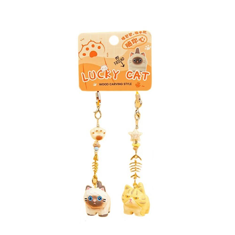 2Pcs Bag Hanging Resin Cat Pendant Cute Car Keyring Cartoon Cat Fishbone Keychain  Bag Decor