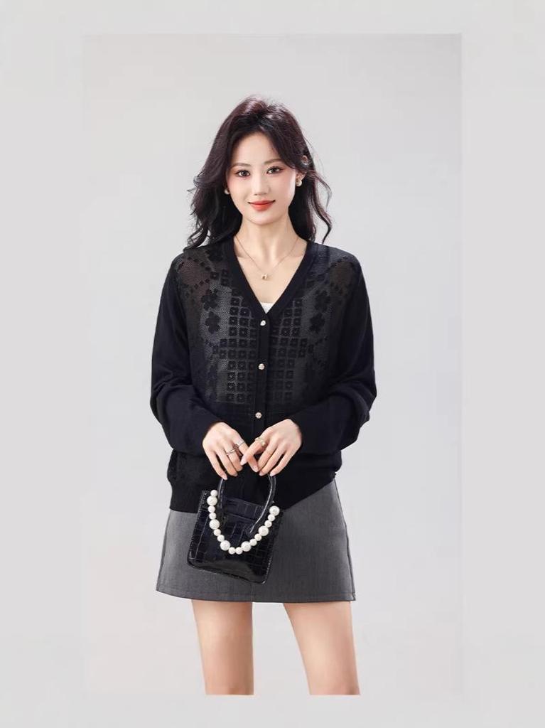 2026 Spring/Summer Korean Style Plus Size Women's Hollow Knit Cardigan Sweater