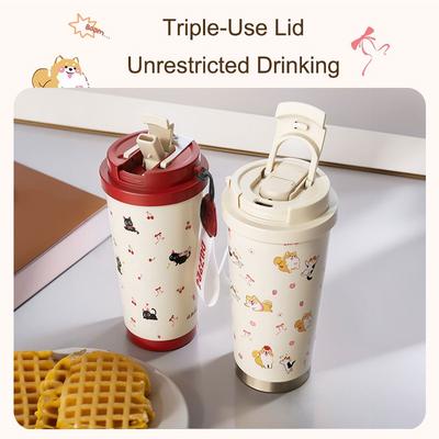 Floral Kitten Design 550Ml Dual-Drink Vacuum Insulated Cup, Large Capacity Portable 316 Stainless Steel Water Bottle