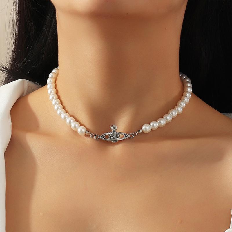 Planet Pearl Choker Necklaces for Women Crystal Rhinestones Pearl Bead Necklaces Ladies Wedding Pearl Bead Chain Neck