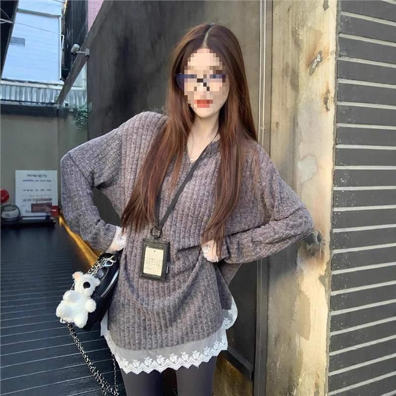 

Korean Style Lace Trim Knitwear: V-Neck Long Sleeve Casual Top for Autumn/Winter Women Large темно-серого