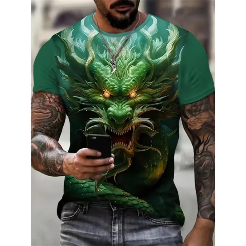 Tricou bărbătesc cu imprimeu de dragon în amestec de bumbac - Guler rotund elegant, confortabil și respirabil, pentru ținute casual de vară, de zi cu zi - Promoție