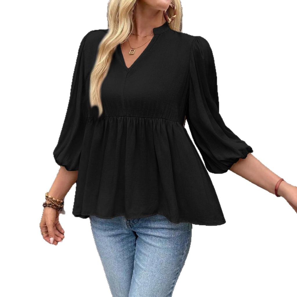 Women's V-Neck Waist-Cinching Puff Sleeve Shirt with Skirt-Style Hem and Stand-Up Collar