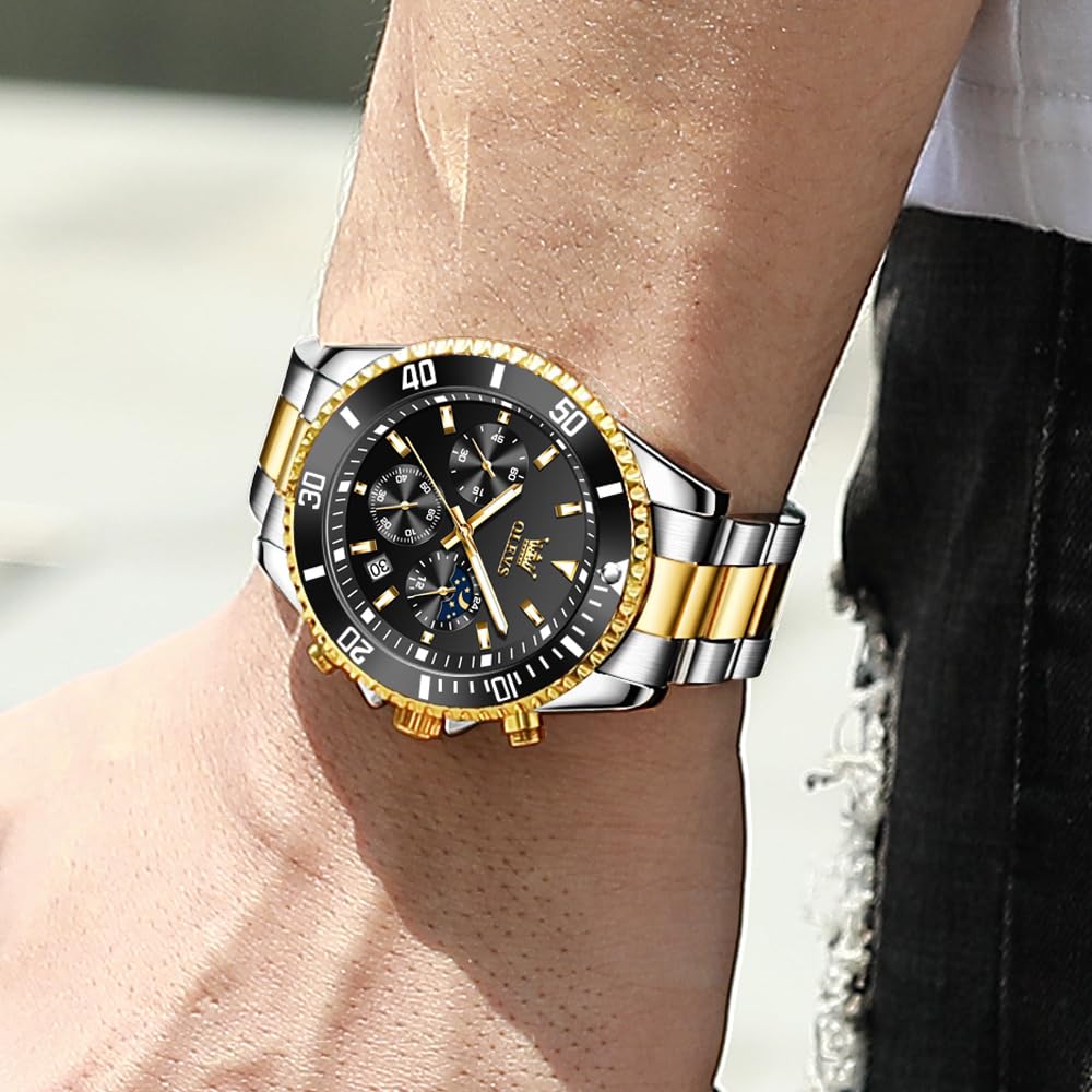OLEVS Men's Watch Stylish Black Popular Waterproof Quartz Analog Chronograph Stainless Steel Metal Band Simple Easy-to-Read Business Casual Fashion