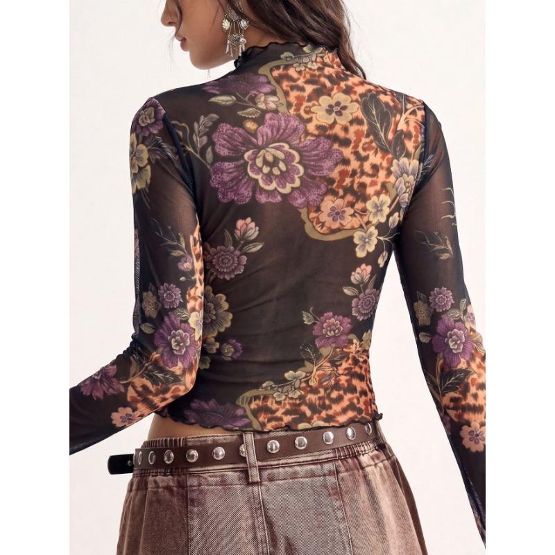 Camiseta de Malla de Manga Larga con Estampado Floral para Mujer, Corte Ajustado