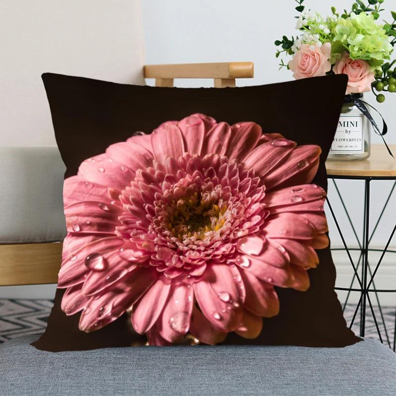 Neuankunft Gerbera Blumenkissenbezug Schlafzimmer Home Office Dekorative Kissenhülle Quadratisch Reißverschluss Kissenbezüge Satin Weich Kein Ausbleichen