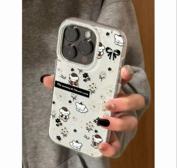 

Large Hole Apple 17 Pro Max Phone Case - Cartoon Cat & Dog Floral Design, Double Layer, White, Fits Apple 16 & 14 Models. Creative & Simple. iPhone 11