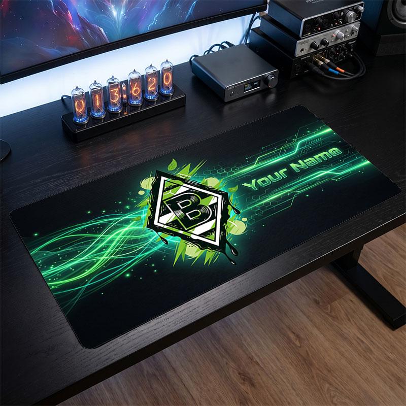 Tappetino per Mouse Grande Personalizzato Borussia Mönchengladbach, Stampa Testo Nome Personalizzato, Tappetino da Scrivania Antiscivolo con Logo Calcio, Regalo per Gamer