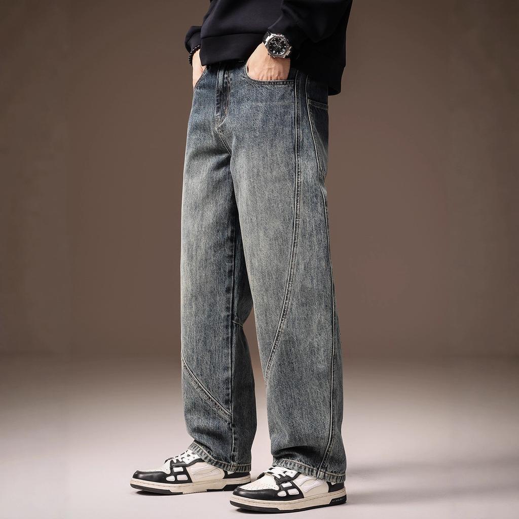 High-end American high street scimitar jeans men's autumn new loose straight trendy retro casual wide-leg trousers