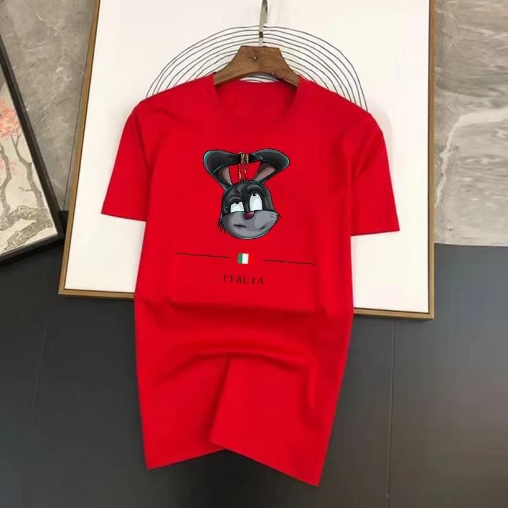 Summer Luxury Men's T-Shirt Crew Neck Fashion Tied Rabbit Ears Print Kawaii Thick 100% Cotton High Quality Loose Breathable