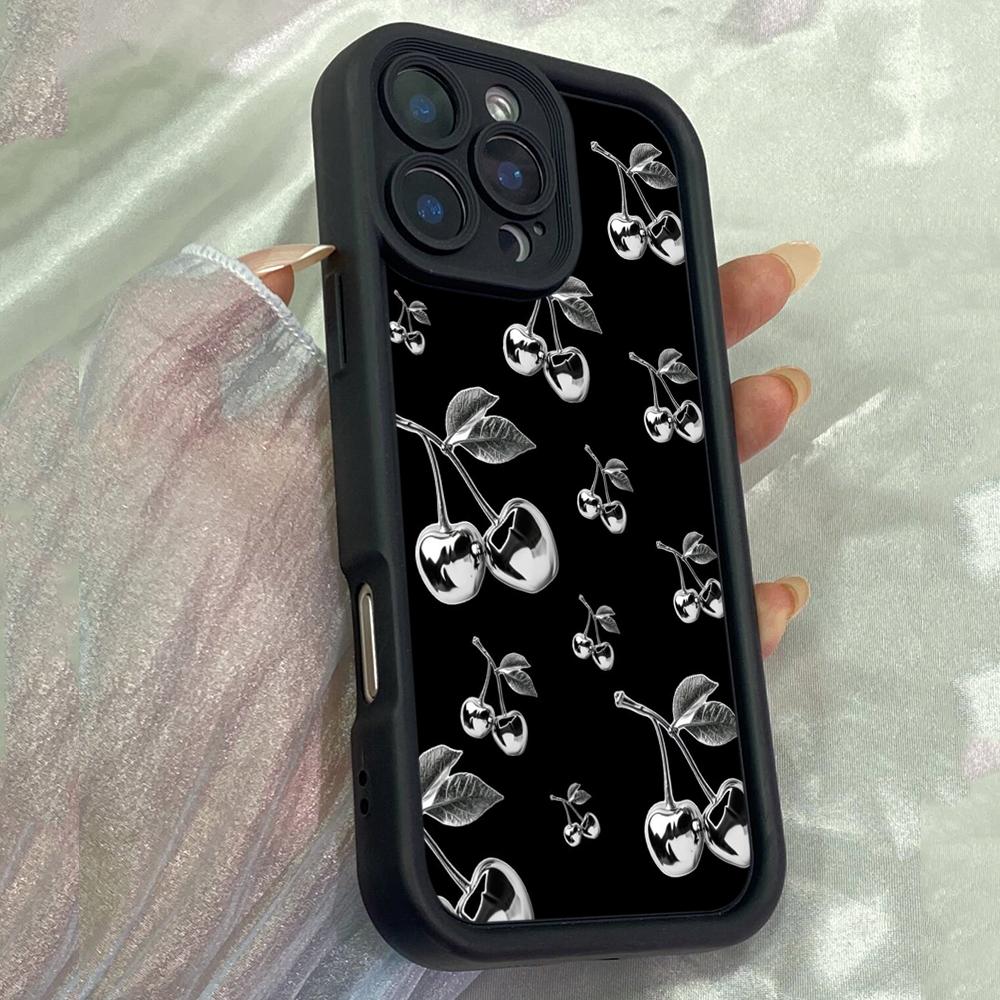 JT74 Black Cherry Phone for iPhone 17 16 15 Pro Max Samsung S26 S25 S24 Ultra A17 A16 A07 A56 Xiaomi 15T Redmi Note 14 Pro Plus Soft TPU Case Cover