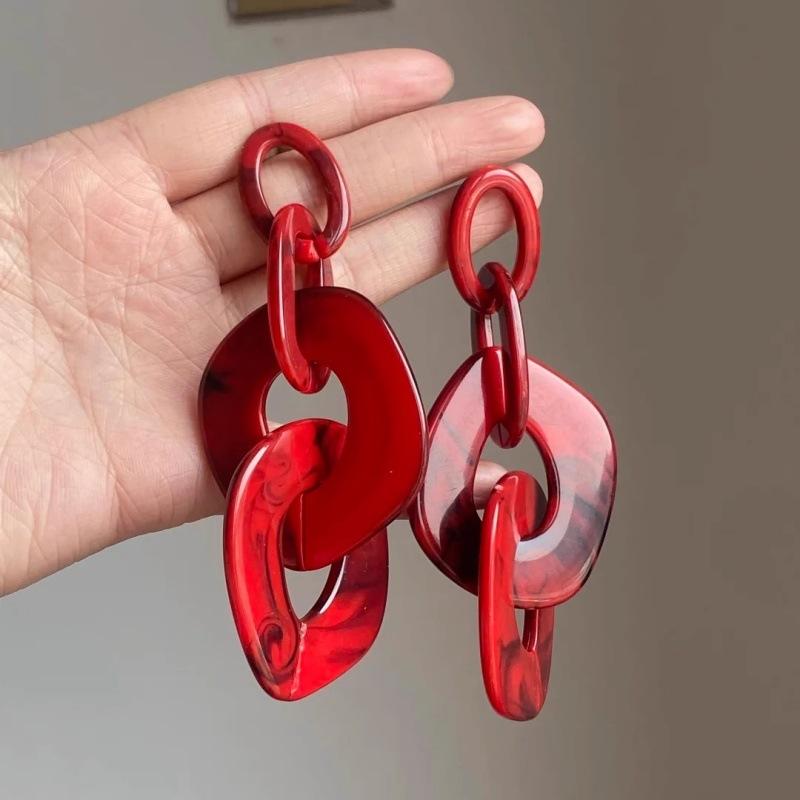 Exaggerated Acrylic Irregular Chain Pendant Earrings For Women Personality Red Large Circle Spliced Earrings