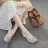 2026 Summer New Roman Style Hollow Out Sandals Women Genuine Leather Velcro Strap Flat Mules Comfortable Casual Shoes