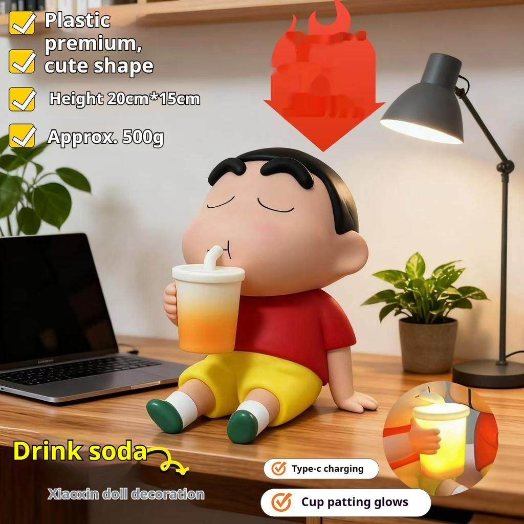 Crayon Shin Chan Night Light Tap Control Holding Soda Cup Vinyl Figure With Shiro Dog Cartoon Anime Desktop Decor For Anime Fans