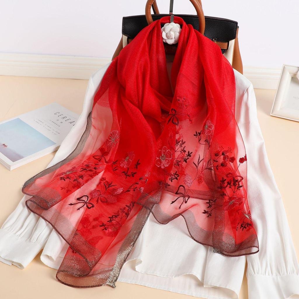 Autumn And Winter Simulated Silk Sunscreen Embroidery Long Silk Scarf Temperament Versatile Shawl Warm Embroidery Scarf Women