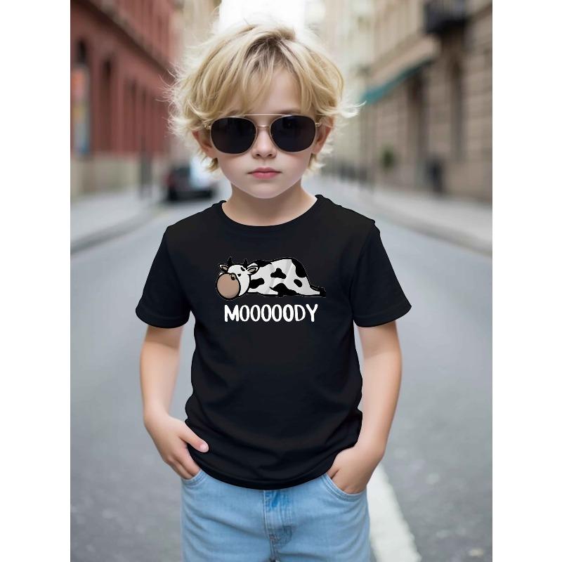 

European Size Boys Round Neck Short Sleeved T Shirt with Cartoon Cow Pattern 98cm чёрный