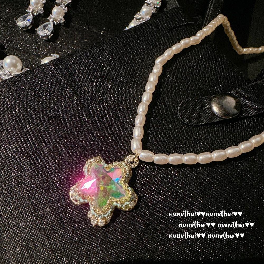 Vine Mermaid Tears, Snowflake Gem Pearl Necklace Vintage Plated 18K Gold, Colorful Star Pearl Necklace