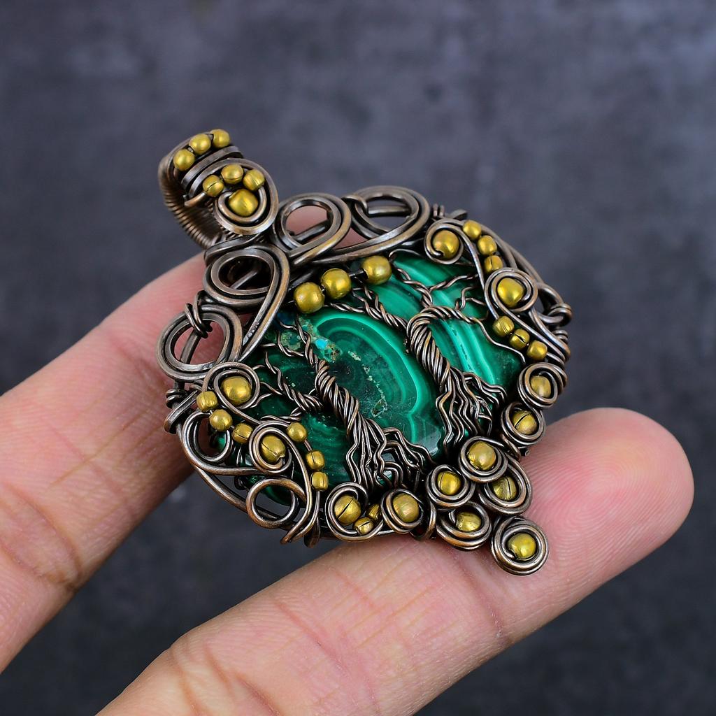 Natural Malachite Handmade Copper Wirewrap Tree Of Life Gift Pendant 2.36" G3J39