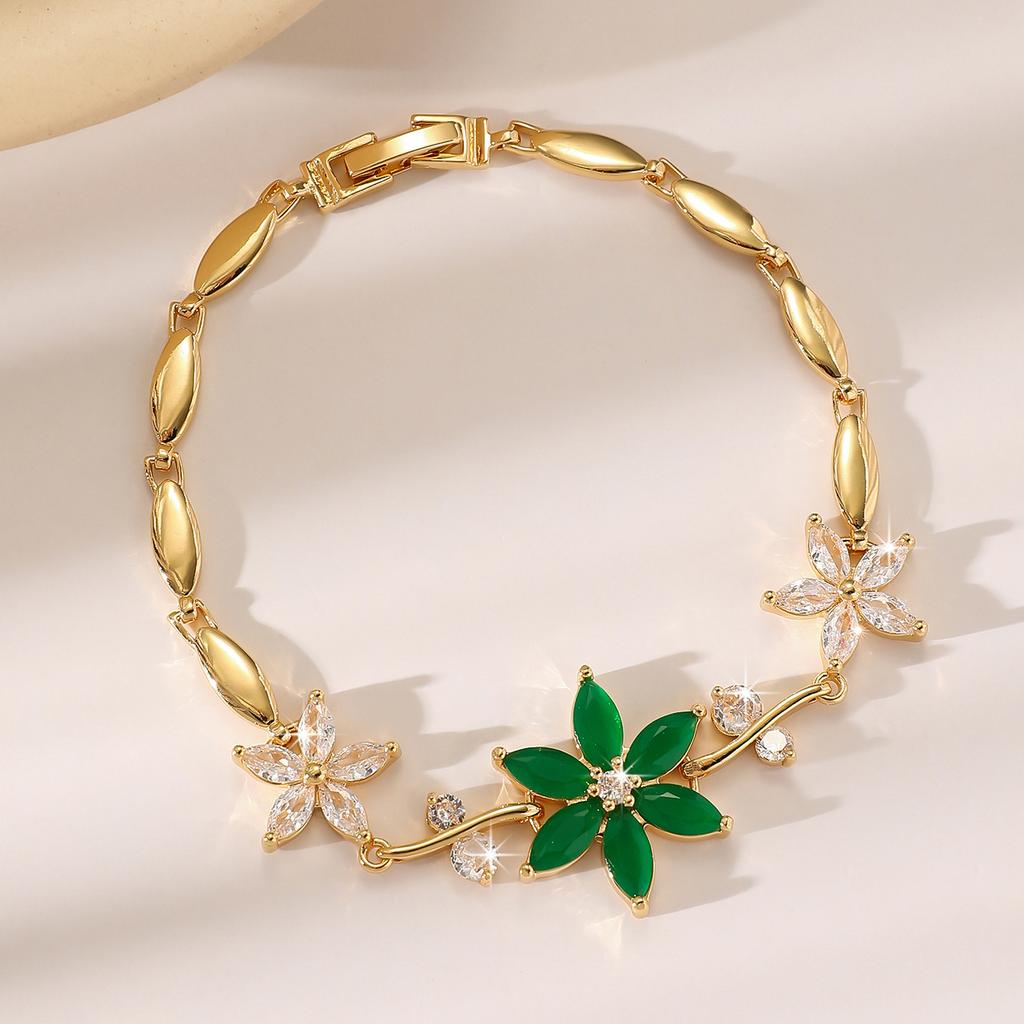 Luxury Gold-Plated Copper Zircon Leaf Bracelet, High Quality Jewelry