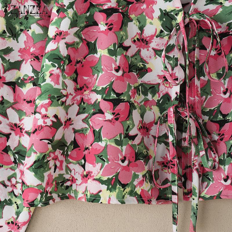 ZANZEA Damen Freizeit Schnürung V-Ausschnitt Langarm Blumenmuster Strickjacke Bluse