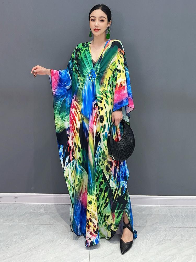 XITAO Batwing Sleeve V-neck Print Dress Loose Women ZY8774