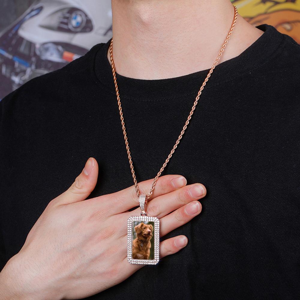 New One Custom Photo Square Medallion Pendant Iced Zircon Sublimation Hip Hop Fashion Jewelry Bling Charms Necklace-Gold Brass